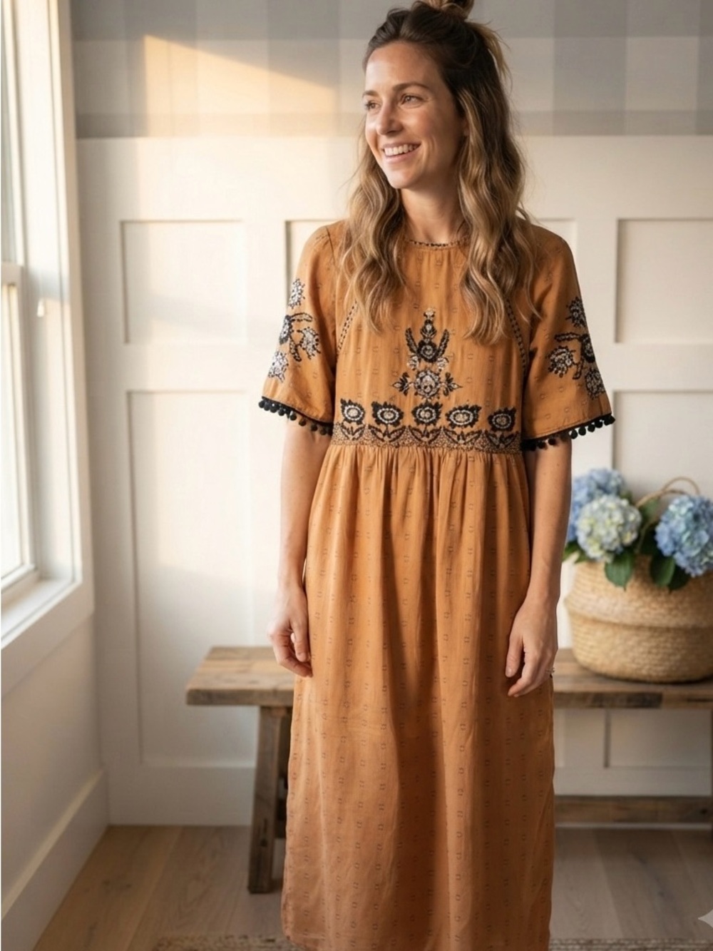 Zara TRF Collection Tan Midi Dress with Black Embroidered Trim Small